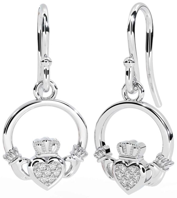 Diamond Silver Claddagh Dangle Earrings