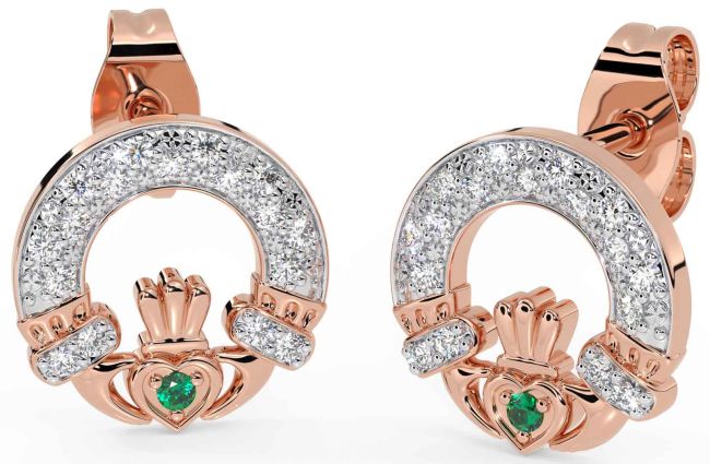 Diamond Emerald Rose Gold Silver Claddagh Dangle Earrings