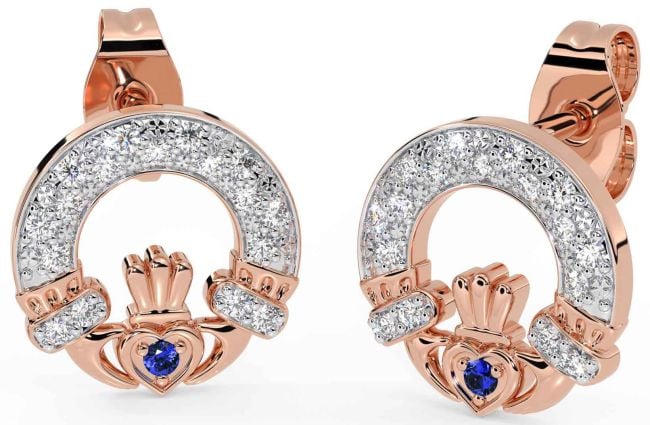 Diamond Sapphire Rose Gold Silver Claddagh Dangle Earrings