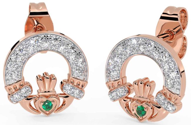 Diamond Emerald Rose Gold Claddagh Dangle Earrings