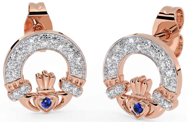 Diamond Sapphire Rose Gold Claddagh Dangle Earrings