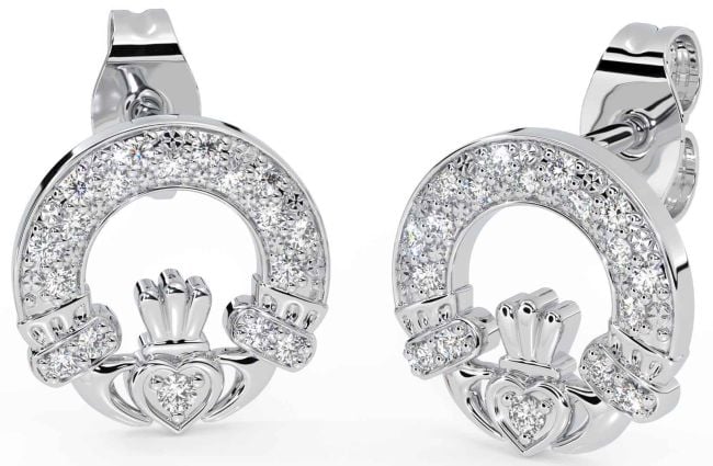 Diamond Silver Claddagh Dangle Earrings