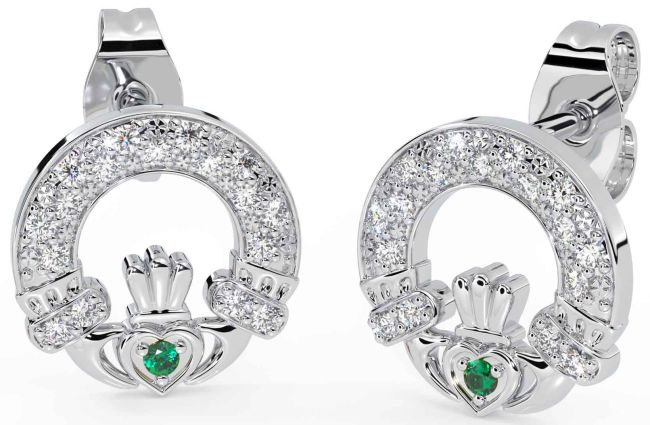 Diamond Emerald White Gold Claddagh Dangle Earrings