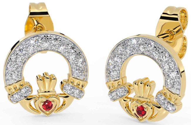 Diamond Ruby Gold Claddagh Dangle Earrings
