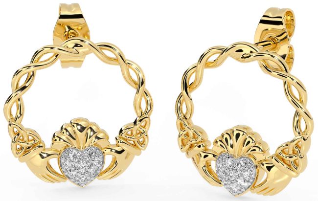 Diamond Gold Silver Celtic Claddagh Trinity Knot Dangle Earrings