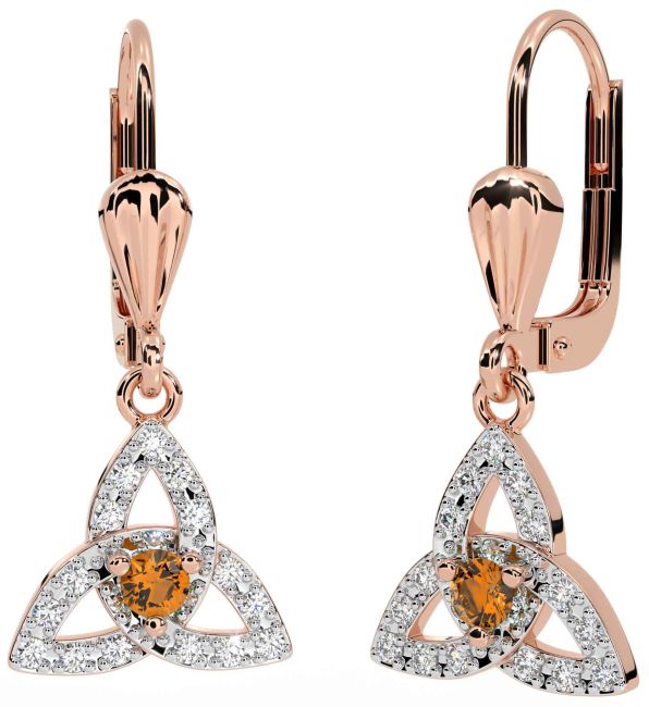 Diamond Citrine Rose Gold Silver Celtic Trinity Knot Dangle Earrings