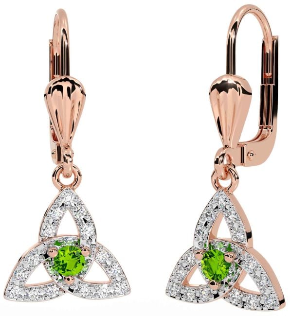Diamond Peridot Rose Gold Silver Celtic Trinity Knot Dangle Earrings
