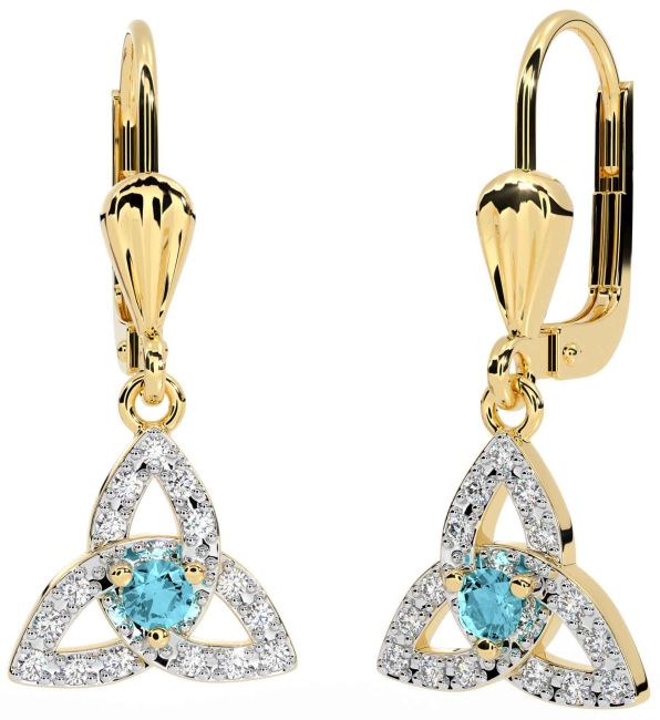 Diamond Aquamarine Gold Silver Celtic Trinity Knot Dangle Earrings
