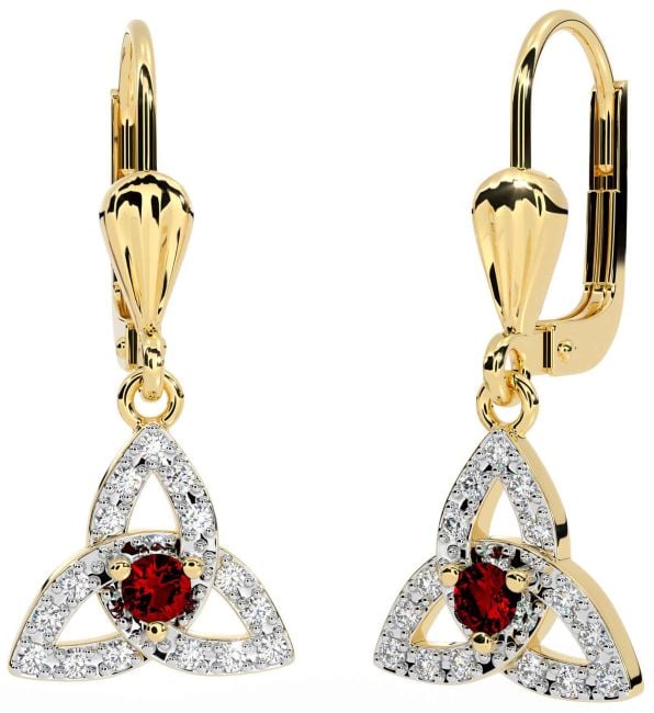 Diamond Garnet Gold Silver Celtic Trinity Knot Dangle Earrings