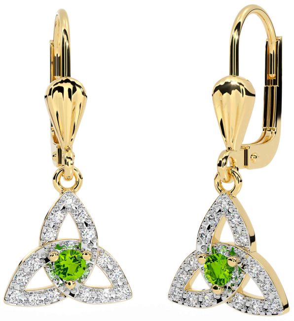 Diamond Peridot Gold Silver Celtic Trinity Knot Dangle Earrings