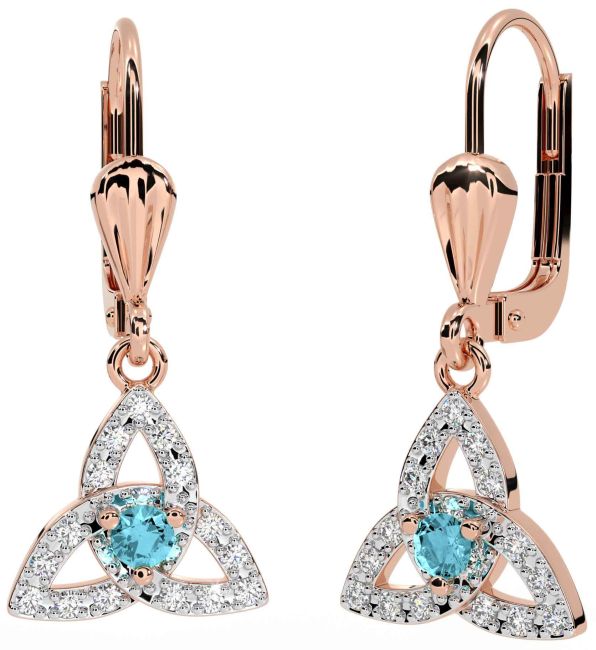 Diamond Aquamarine Rose Gold Celtic Trinity Knot Dangle Earrings
