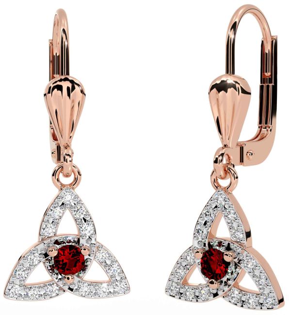Diamond Garnet Rose Gold Celtic Trinity Knot Dangle Earrings