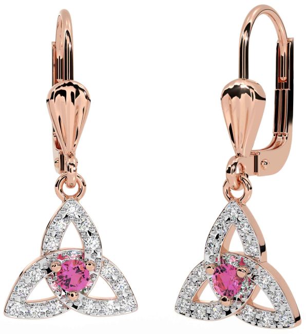Diamond Pink Tourmaline Rose Gold Celtic Trinity Knot Dangle Earrings