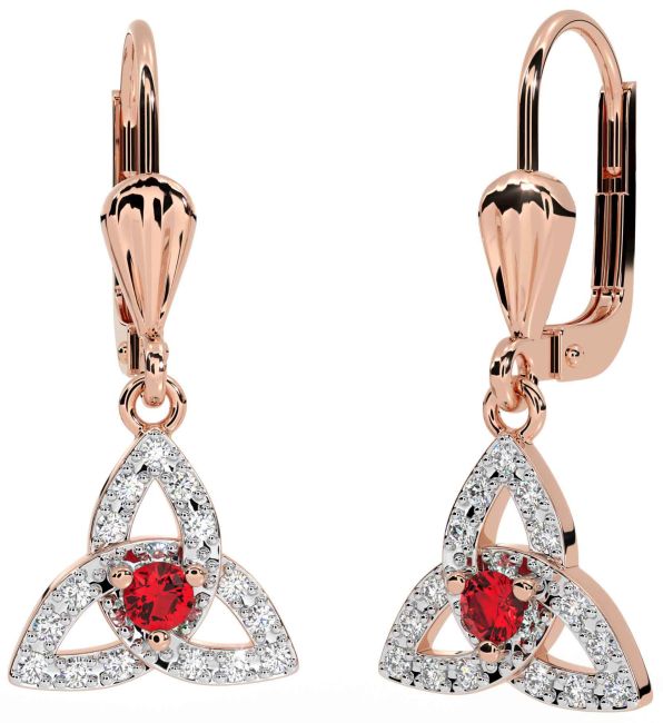 Diamond Ruby Rose Gold Celtic Trinity Knot Dangle Earrings