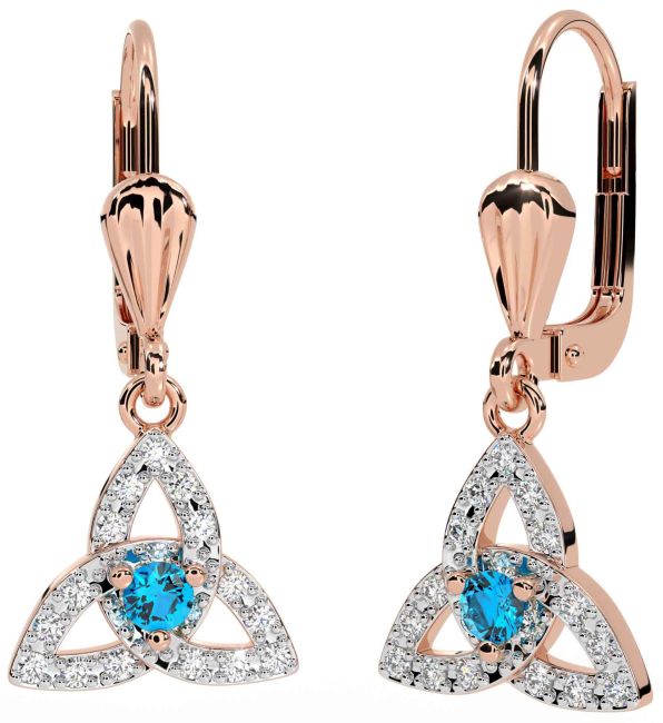 Diamond Topaz Rose Gold Celtic Trinity Knot Dangle Earrings