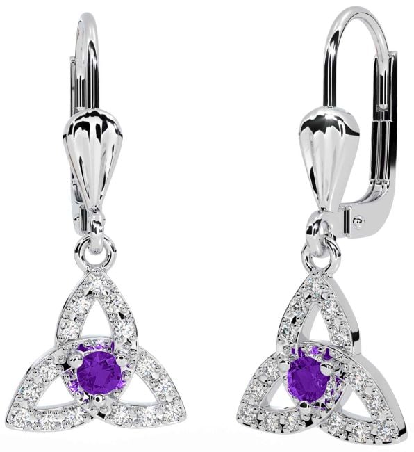 Diamond Amethyst Silver Celtic Trinity Knot Dangle Earrings