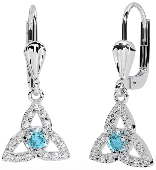 Diamond Aquamarine Silver Celtic Trinity Knot Dangle Earrings