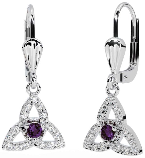 Diamond Alexandrite Silver Celtic Trinity Knot Dangle Earrings