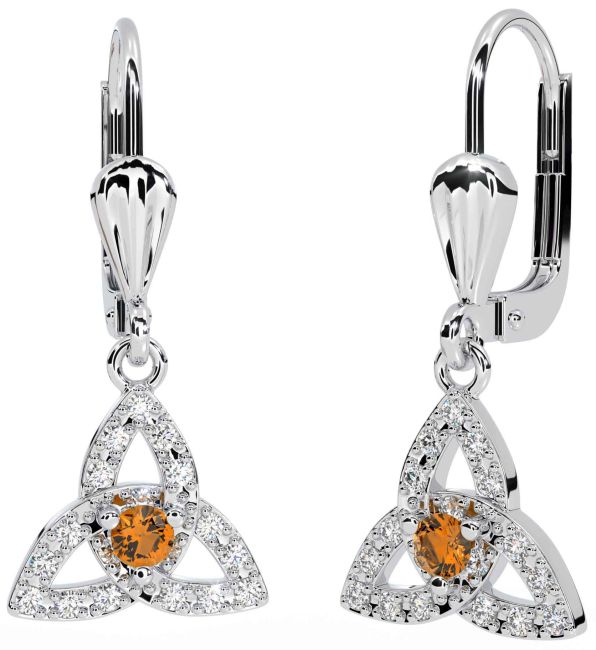 Diamond Citrine Silver Celtic Trinity Knot Dangle Earrings