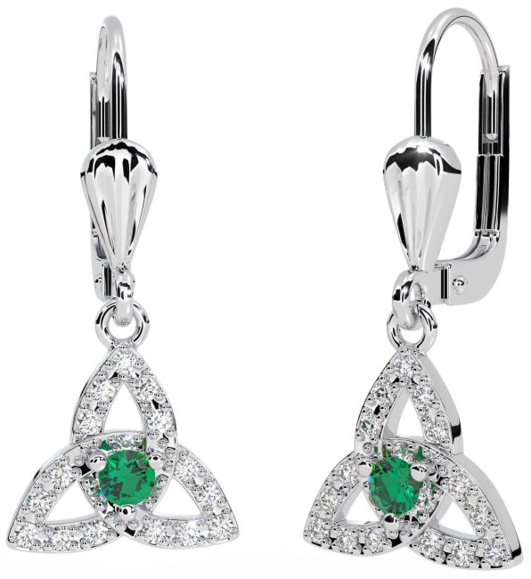 Diamond Emerald Silver Celtic Trinity Knot Dangle Earrings