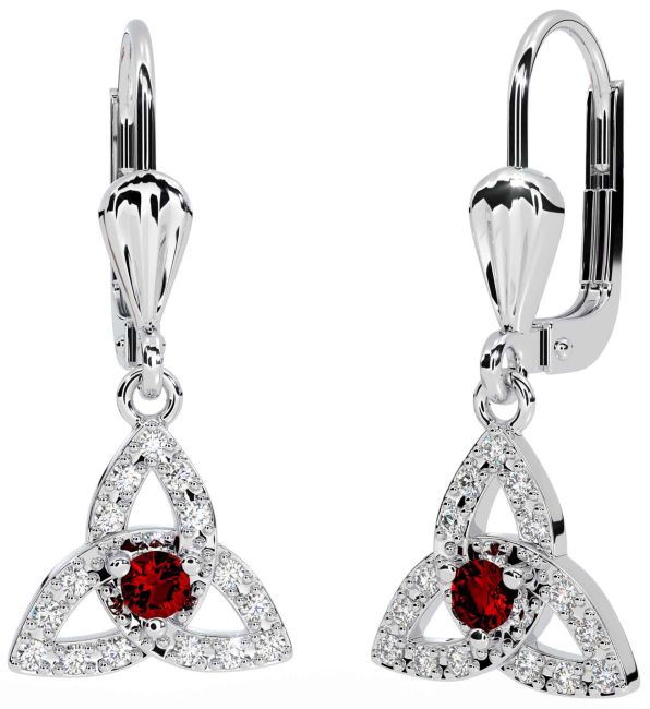 Diamond Garnet Silver Celtic Trinity Knot Dangle Earrings