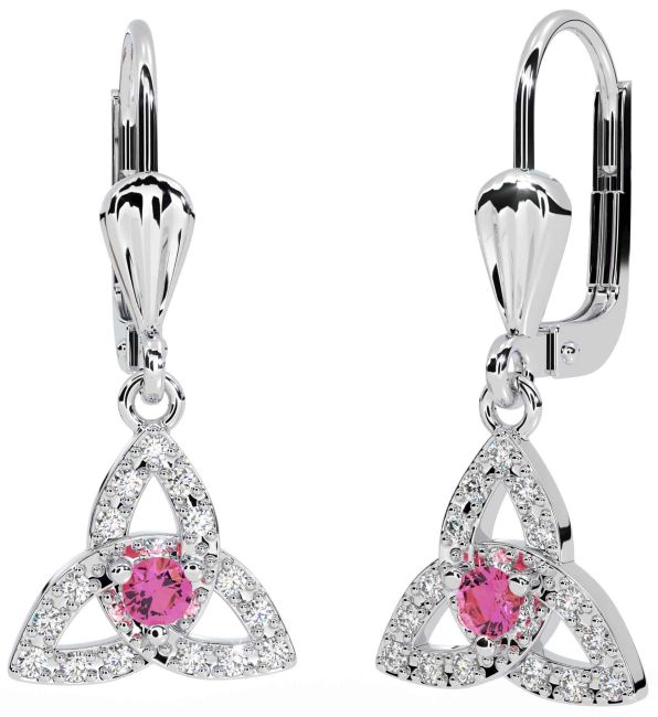 Diamond Pink Tourmaline Silver Celtic Trinity Knot Dangle Earrings