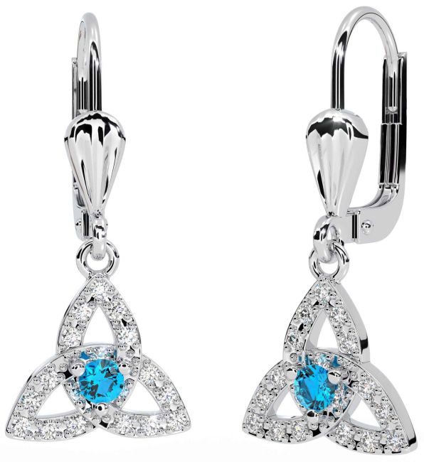 Diamond Topaz Silver Celtic Trinity Knot Dangle Earrings