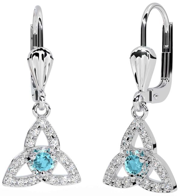 Diamond Aquamarine White Gold Celtic Trinity Knot Dangle Earrings