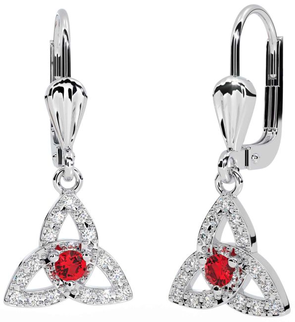 Diamond Ruby White Gold Celtic Trinity Knot Dangle Earrings