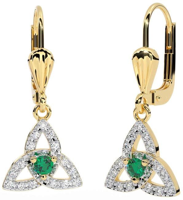 Diamond Emerald Gold Celtic Trinity Knot Dangle Earrings