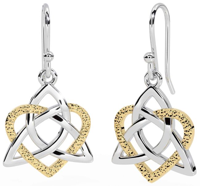 White Yellow Gold Celtic Trinity Knot Heart Dangle Earrings
