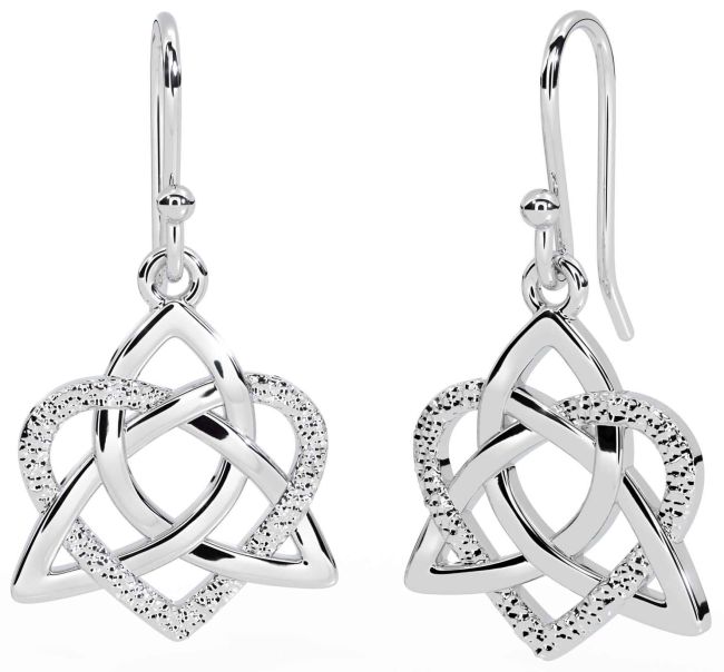 White Gold Celtic Trinity Knot Heart Dangle Earrings