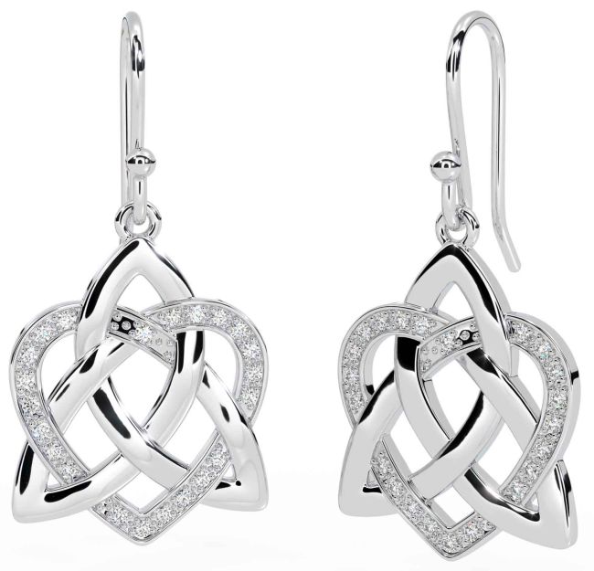 Diamond White Gold Celtic Trinity Knot Heart Dangle Earrings