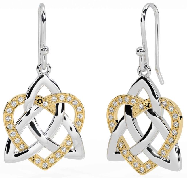 Diamond White Yellow Gold Celtic Trinity Knot Heart Dangle Earrings