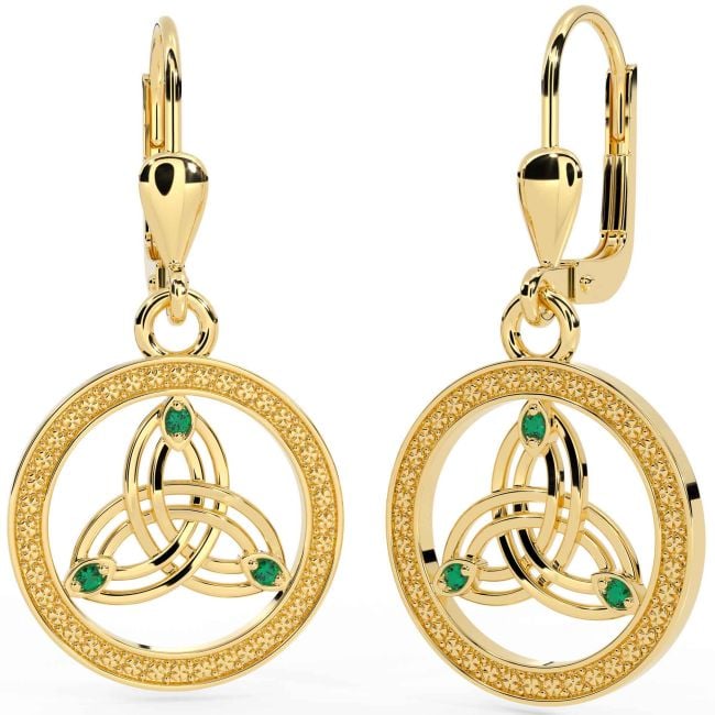 Emerald Gold Silver Celtic Trinity Knot Dangle Earrings