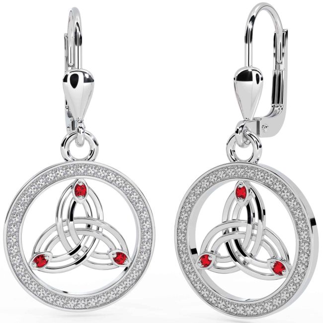 Ruby White Gold Celtic Trinity Knot Dangle Earrings