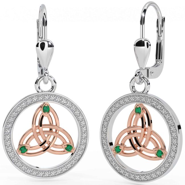 Emerald White Rose Gold Celtic Trinity Knot Dangle Earrings