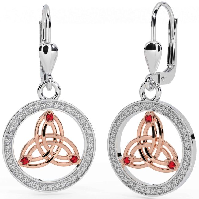 Ruby White Rose Gold Celtic Trinity Knot Dangle Earrings