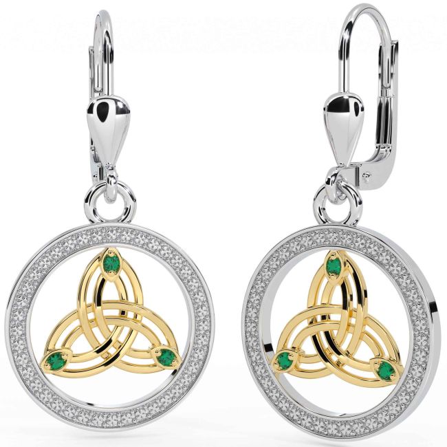 Emerald White Yellow Gold Celtic Trinity Knot Dangle Earrings