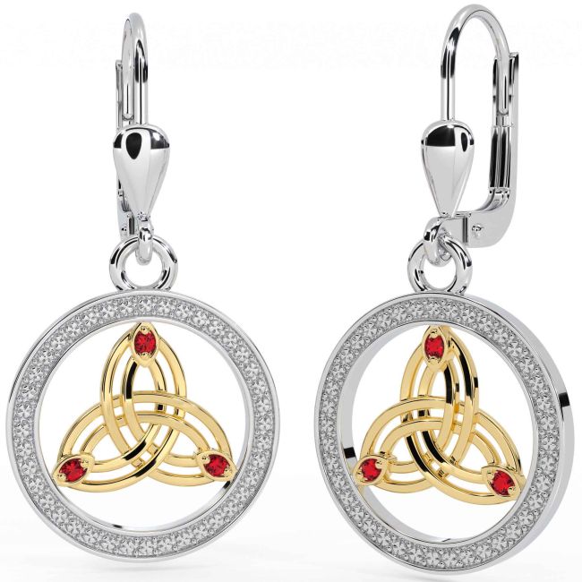 Ruby White Yellow Gold Celtic Trinity Knot Dangle Earrings
