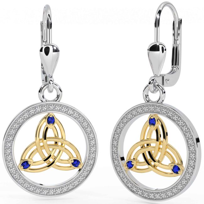 Sapphire White Yellow Gold Celtic Trinity Knot Dangle Earrings