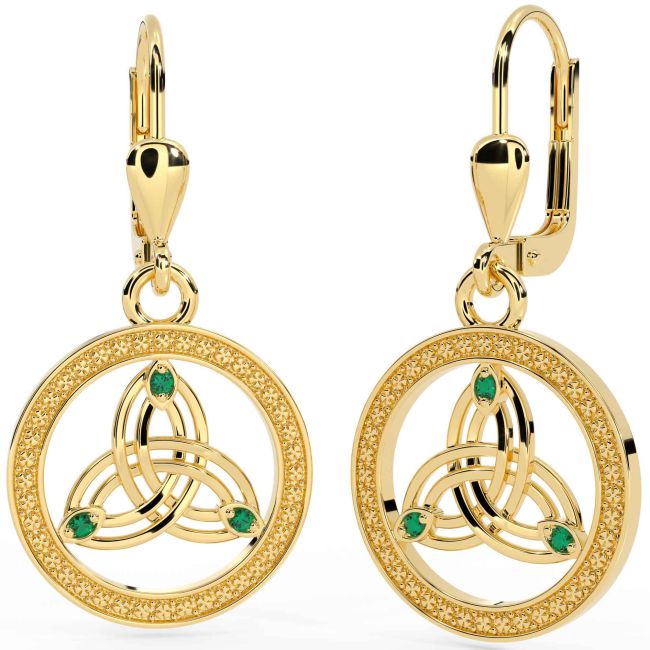 Emerald Gold Celtic Trinity Knot Dangle Earrings