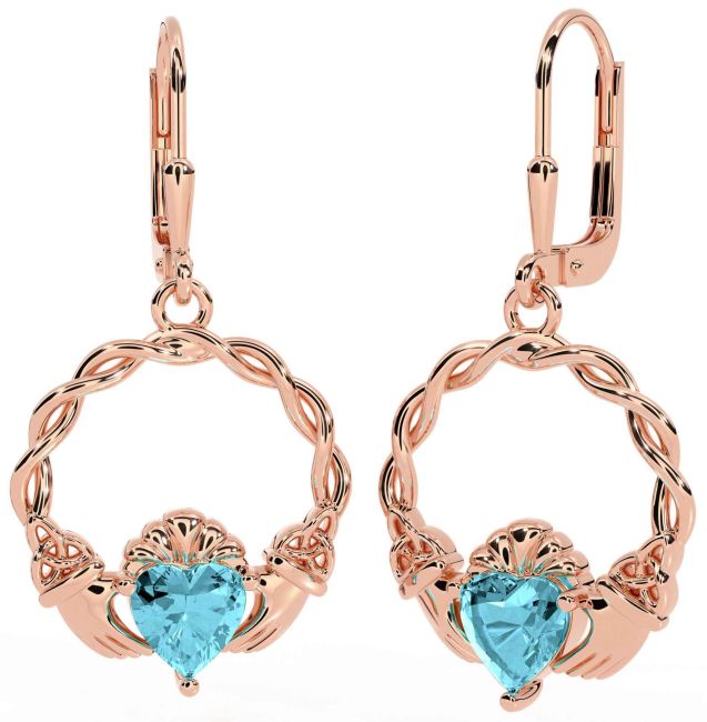 Aquamarine Rose Gold Silver Celtic Claddagh Trinity Knot Dangle Earrings