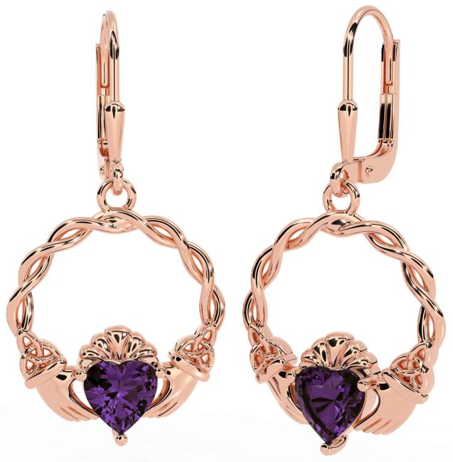 Alexandrite Rose Gold Silver Celtic Claddagh Trinity Knot Dangle Earrings