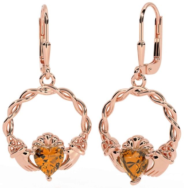 Citrine Rose Gold Silver Celtic Claddagh Trinity Knot Dangle Earrings