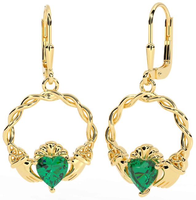 Emerald Gold Silver Celtic Claddagh Trinity Knot Dangle Earrings
