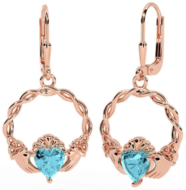 Aquamarine Rose Gold Celtic Claddagh Trinity Knot Dangle Earrings