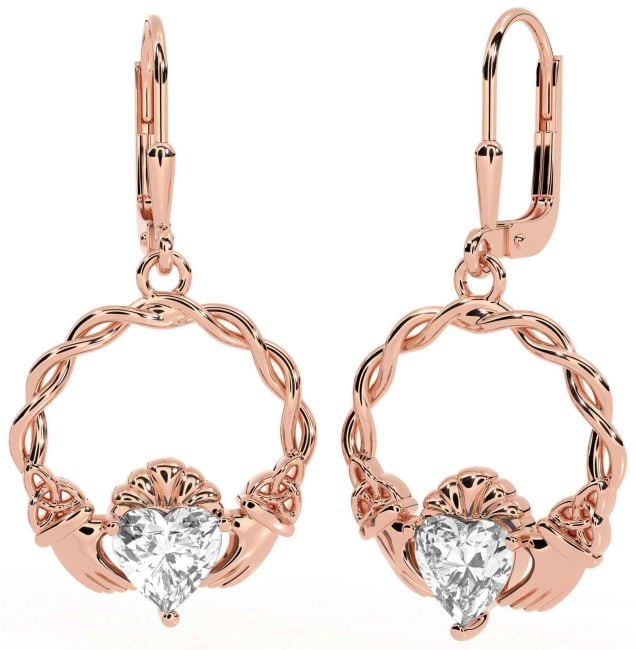 Diamond Rose Gold Celtic Claddagh Trinity Knot Dangle Earrings