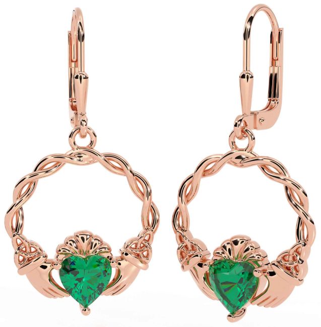Emerald Rose Gold Celtic Claddagh Trinity Knot Dangle Earrings