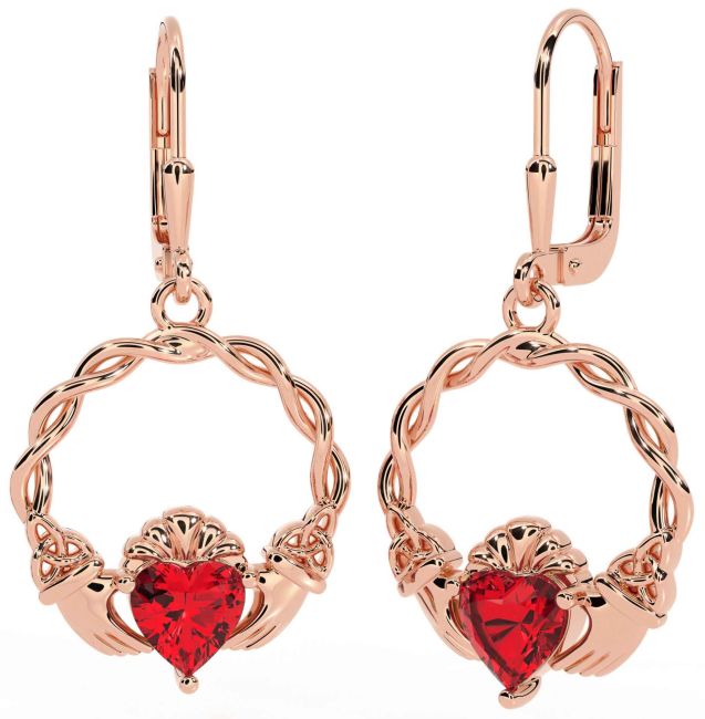 Ruby Rose Gold Celtic Claddagh Trinity Knot Dangle Earrings